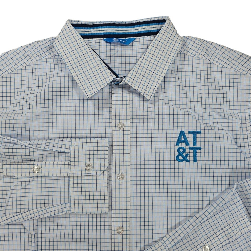 AT&T Button Shirt Mens L White Check Casual Office Work Wear Embroidered